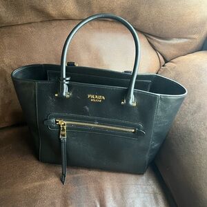 Prada Black Leather Tote with Gold Accents